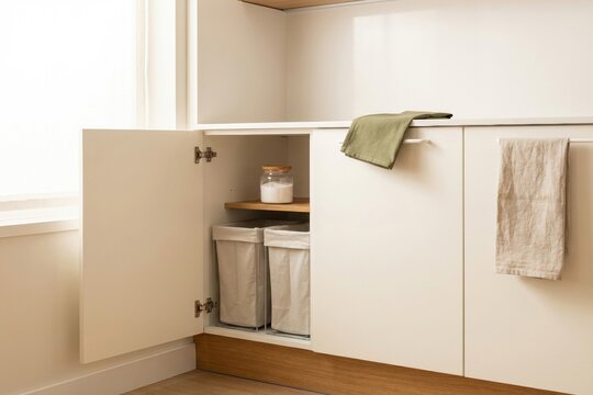 Modern minimalist kitchen cabinet with laundry bin storage and towel