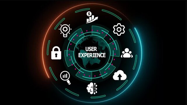 User experience design concept with interface interaction icons, usability analytics, and digital engagement optimization shown on futuristic HUD display.
