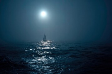 Sailboat sailing on the ocean under a moonlit night.
