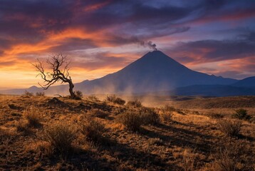 Smoking volcanic mountain and dry tree in wild landscape under colorful dramatic sunset sky