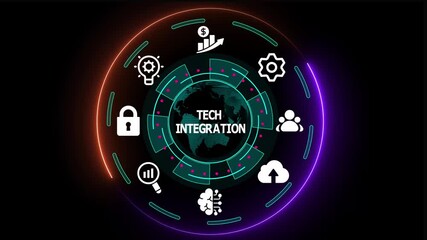 Tech integration process with connected systems, automation workflows, and digital transformation visualization for modern enterprise solutions.