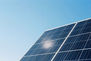 Obraz premium Photovoltaic solar panel surface reflecting sun against clear blue sky for clean energy concept