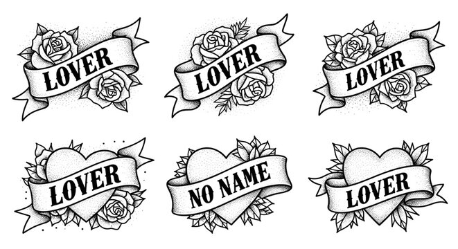 Set of six tattoo style emblems with ribbons and roses featuring the word lover and no name.