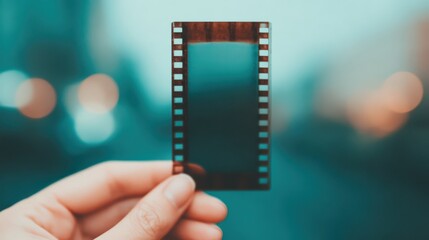 A hand holds a transparent film strip against a blurred background, capturing a nostalgic moment of photography.