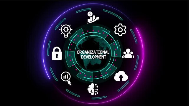 Organizational development strategy with leadership growth, team alignment icons, and corporate transformation visualization on futuristic business interface.