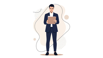 business professional young man in formal suit reading a tablet for work or presentation