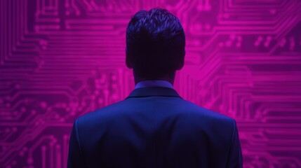 A man in a suit stands against a vibrant purple background with circuit patterns, symbolizing technology and innovation.