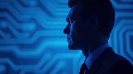 A profile of a man against a blue digital background, suggesting themes of technology and innovation.