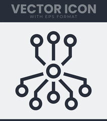 Fototapeta premium Minimalist technology network icon design featuring a central hub connected to multiple nodes representing data transfer, connectivity and digital communication. Vector illustration