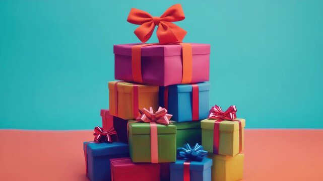 Vibrant gift boxes in pink, blue, green, yellow with red and orange bows on teal background.