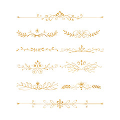 Obraz premium Gold text dividers doodle set. Wedding decorative elements. Divider ornament, borders, floral, vintage line separators. Hand drawn vector illustration isolated on white background. Set page dividers.