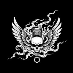 Skull with Wings and Engine Piston Motorcycle Emblem.