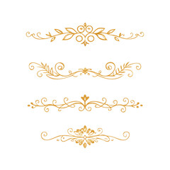 Gold text dividers doodle set. Wedding decorative elements. Divider ornament, borders, floral, vintage line separators. Hand drawn vector illustration isolated on white background. Set page dividers.