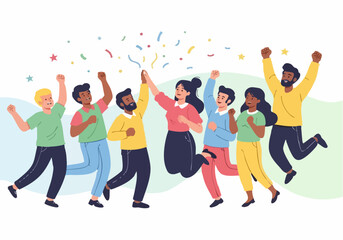 Obraz premium A diverse team of smiling friends and business professionals celebrating success with a fun dance party, jumping for joy and showing true happiness in a crowded group