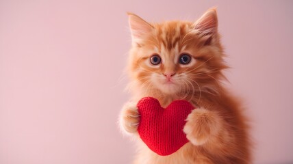 Obraz premium Adorable orange kitten holding a red heart