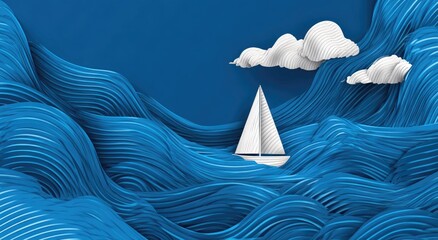 Sailboat on stylized blue waves with paper clouds, against a rich blue sky