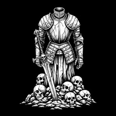 Obraz premium headless knight armor with sword and skulls illustration.