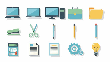 Office Supplies and Equipment Flat Vector Illustration Set.