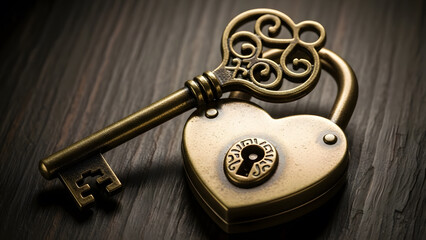 Antique brass heart shaped padlock with a key lying on a dark wooden table surface