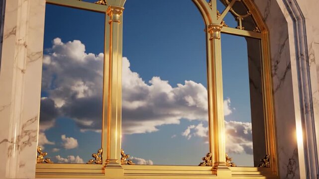 Elegant golden window frames showcase a beautiful blue sky and fluffy white clouds.