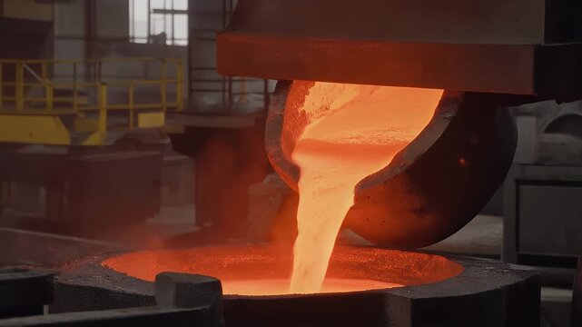 Hot Molten Steel Pouring from Huge Ladle into Caster in Heavy Industry