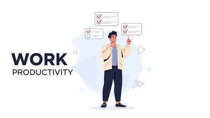 motivational productivity concept illustration of a young man with task checklists emphasizing