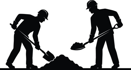 Construction worker silhouette illustration showing two laborers digging soil with shovels teamwork manual labor isolated on white background vector © Tanjimul