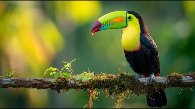 A colorful toucan perched on a branch in a lush rainforest environment