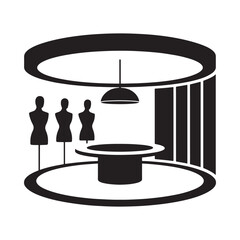 Minimalist fashion display with mannequins inside a circular modern showroom