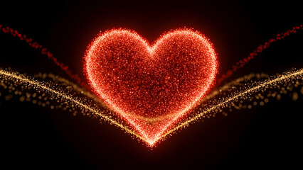 Glowing red heart symbol made of glittering light particles on a black background