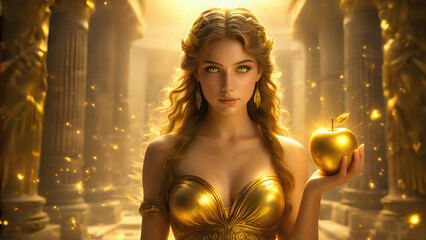 Golden apple in ancient temple. Greek mythology. For the most beautiful woman.