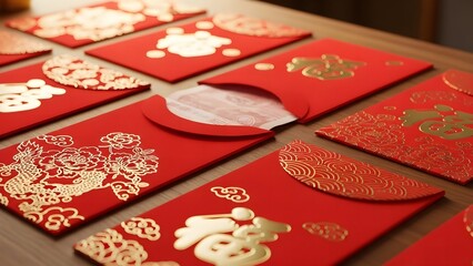 Soft lighting captures several auspicious red and gold hongbao envelopes, detailed with traditional chinese characters, arranged and ready for gifting on a wooden surface indoors.