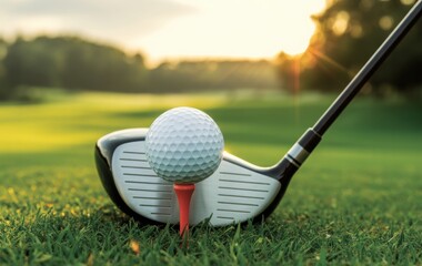 Golf ball on a red tee with a driver club head on a green course