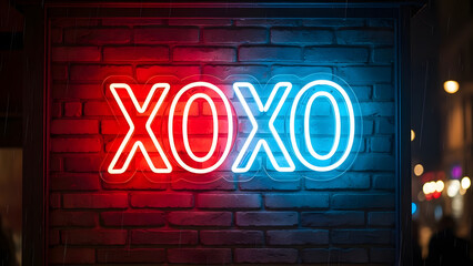 Obraz premium Neon XOXO sign glowing on dark brick wall for modern urban valentine concept