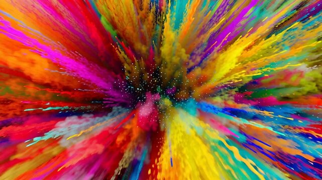 Explosion of vivid colors in motion, abstract paint powder burst with rainbow pigment particles on dark background, energetic artistic wallpaper