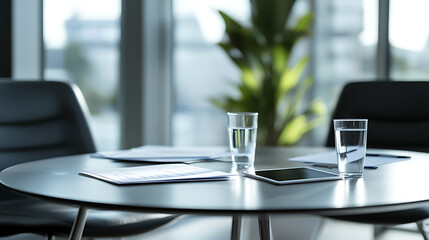 Modern Office Collaboration Space with Small Meeting Table, Documents and Digital Tablet, Natural Light Corporate Team Workspace, No People