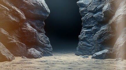 Dramatic rocky canyon opening with rugged cliffs and sandy ground