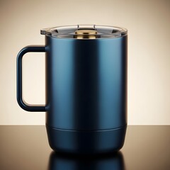 A dark blue metallic mug with a handle on a reflective surface