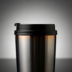 A close up of a stainless steel travel mug with a black lid