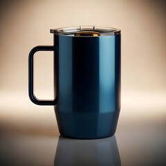 A dark blue metallic insulated mug with a handle and lid