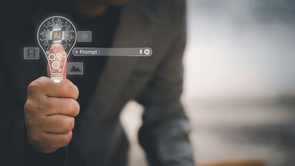Businessman holding a glowing AI light bulb with digital prompt interface, generative AI ,symbolizing artificial intelligence innovation, prompt engineering,and creative technology solutions.