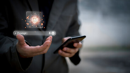 Close-up of businessman using laptop with floating AI command prompt and icons, representing artificial intelligence, prompt engineering, generative technology for digital transformation.