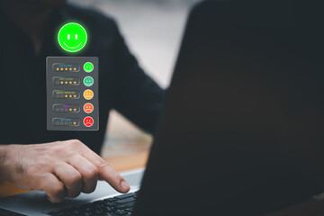 Businessman using smartphone to give five-star rating and positive feedback through virtual interface. Concept of customer satisfaction, user experience, review system, and digital feedback.