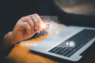 Close-up of businessman using laptop with floating AI command prompt and icons, representing artificial intelligence, prompt engineering, generative technology for digital transformation.