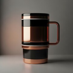 A shiny copper and black mug with a handle on a gray surface