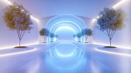 Futuristic interior with glowing blue archway and trees