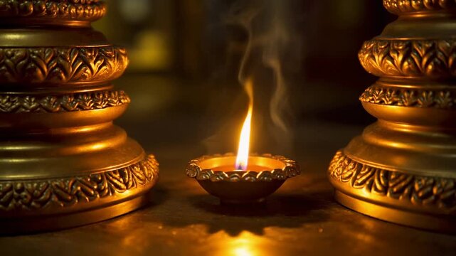 Close-up of a lit diya lamp between two ornate golden containers on a dark surface with warm, soft lighting and smoke rising.