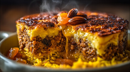 A tantalizing slice of South African bobotie, featuring spiced minced meat topped with a golden egg custard, garnished with almond flakes and dried apricots, served with fragrant turmeric yellow rice 