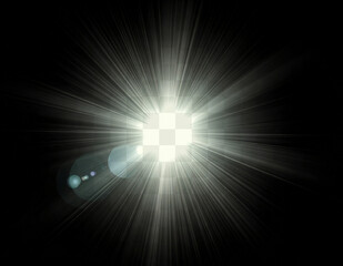 Spectacular white light explosion with turquoise lens flare effects and radiating beams on black