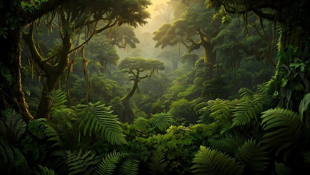 Dense Prehistoric Misty Jungle Canopy Golden Light Dinosaur Era Background